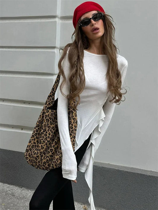White Knit Slim T-shirt Pullover Female Ruffled Patchwork See-Through Long Sleeve Y2k Sexy Inner Top Women’s Knitwear Tee