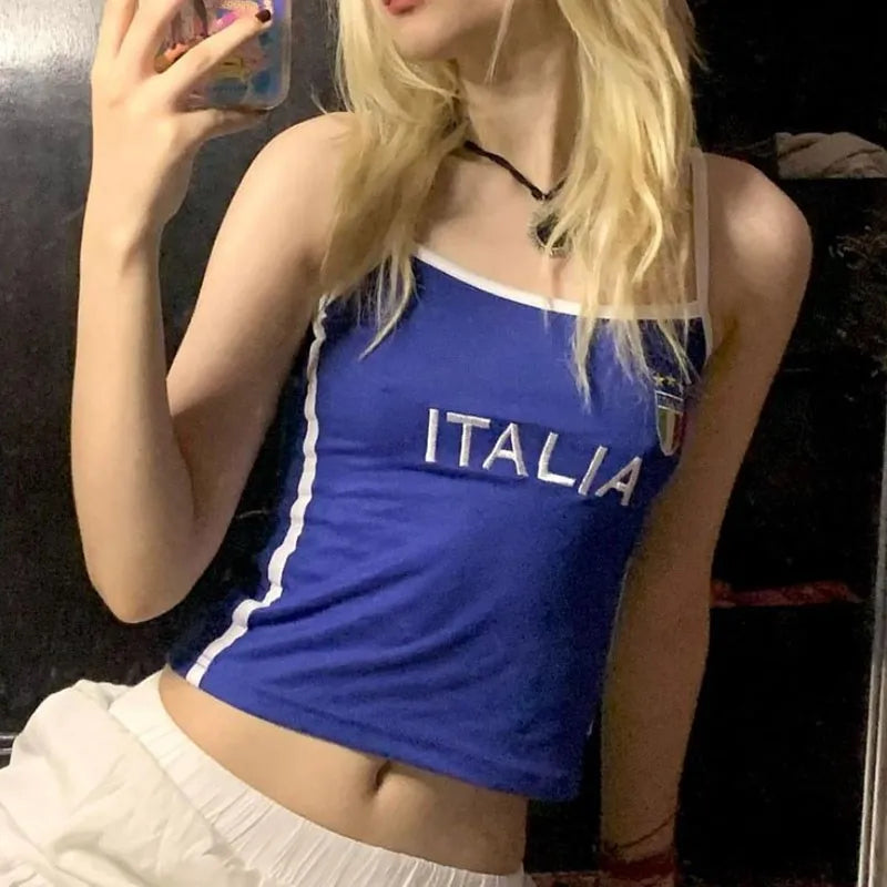 European and American short slim fit letter blue top Y2K women’s summer T-shirt with exposed navel sexy clothing on the street
