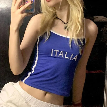 European and American short slim fit letter blue top Y2K women’s summer T-shirt with exposed navel sexy clothing on the street