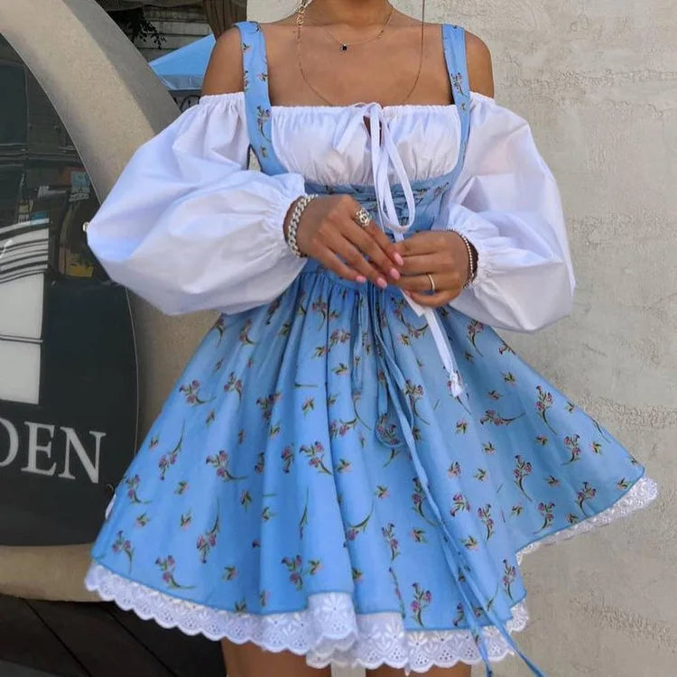 New Puff Sleeve Patchwork Print Dresses Sexy Spaghetti Strap Lace Up Short Bubble Dresses Women Summer Party Vacation Dress