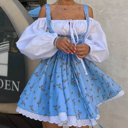 New Puff Sleeve Patchwork Print Dresses Sexy Spaghetti Strap Lace Up Short Bubble Dresses Women Summer Party Vacation Dress