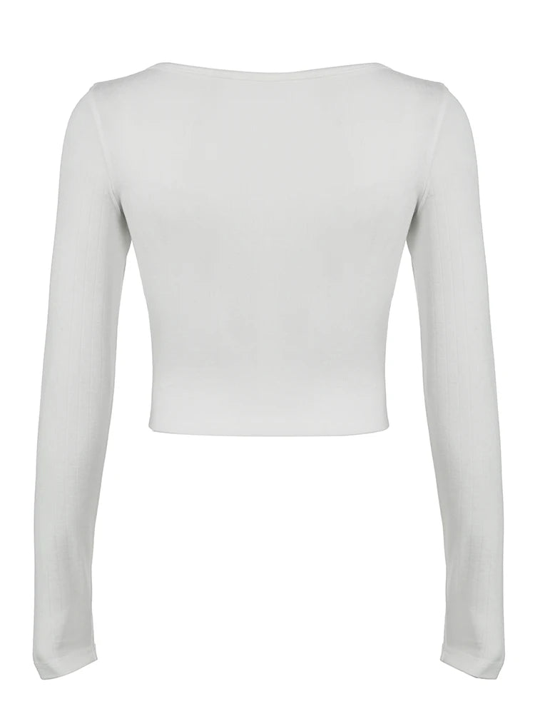 White Solid Hook Hollow Knitted Slim Long Sleeve Cropped T Shirt Women Button Up O Neck Basic Simple Casual Spring Autumn Tees