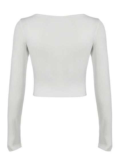 White Solid Hook Hollow Knitted Slim Long Sleeve Cropped T Shirt Women Button Up O Neck Basic Simple Casual Spring Autumn Tees