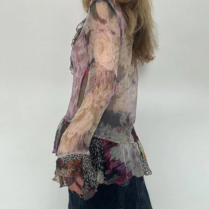 Vintage Transparent Crop Top with Slit 90s Mesh Print Ruffles Patchwork Full Sleeve Bandage T-shirt Grunge y2k Tees