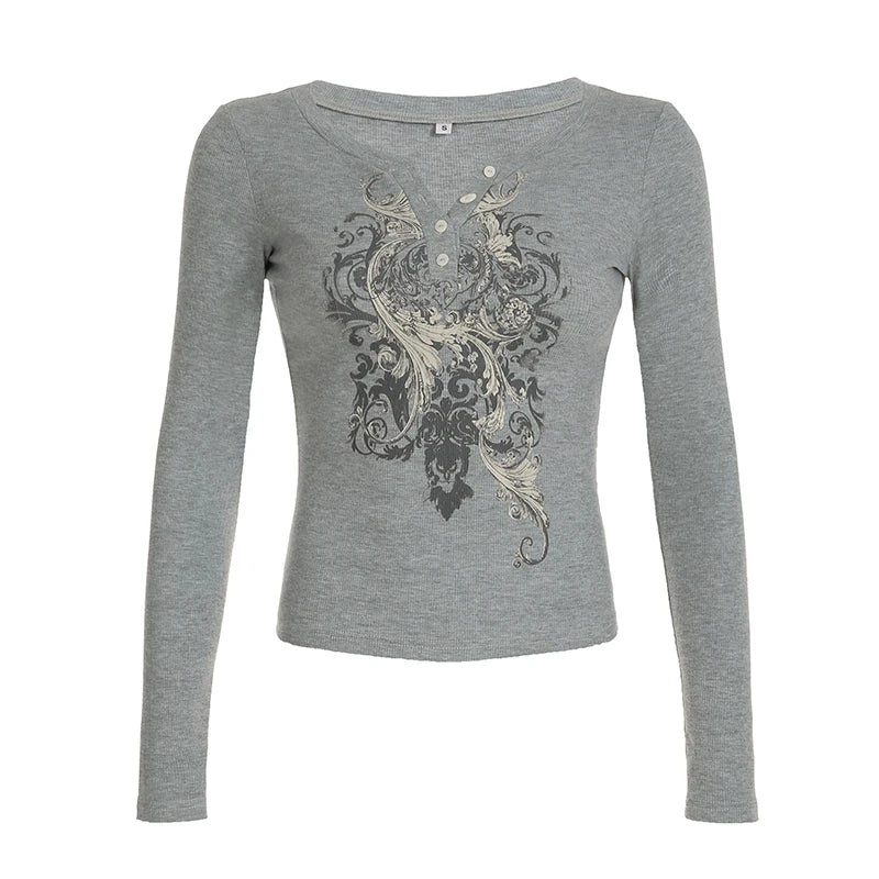 Retro Flower Print Button V-Neck Women¡¯s Top Long Sleeve Y2k Basic All-Match Slim s Fashion New Blouse