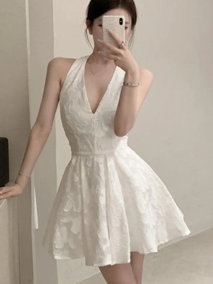 Y2K Halter Backless Short Dresses for Women V-neck Jacquard Sleeveless A-line Birthday Party Dress Prom Mini Vestidos Mujer New