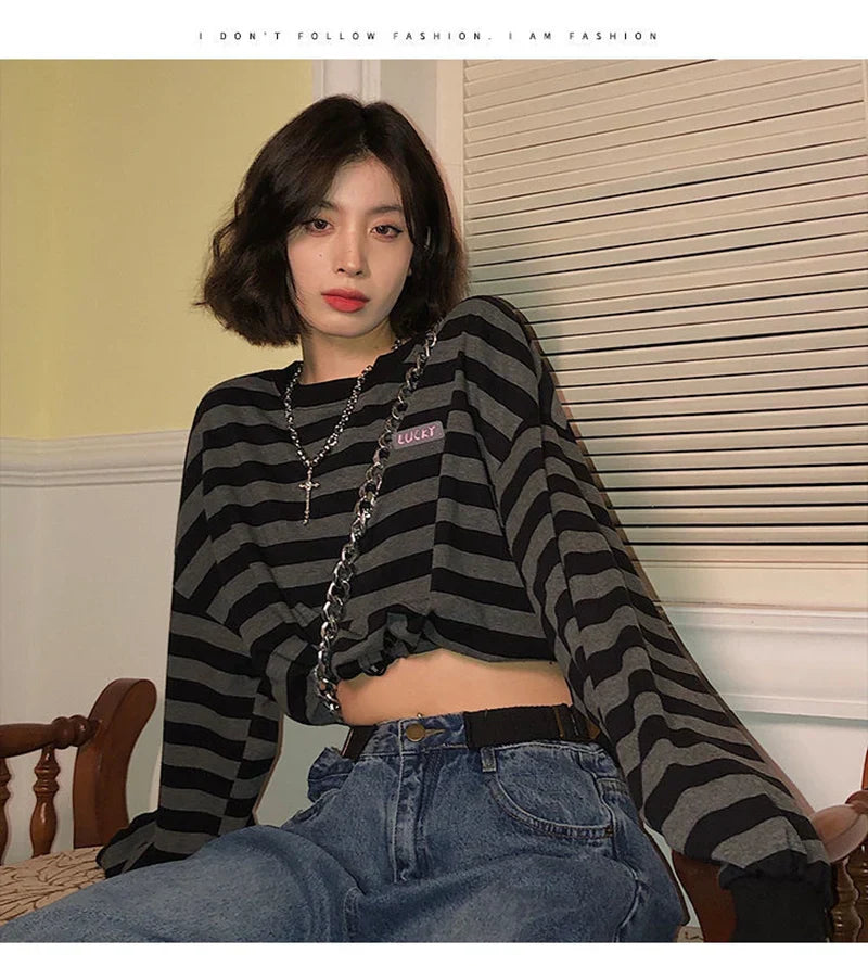 Voguable Cropped Y2K Striped Sweatshirts Harajuku Gothic Tops Vintage Streetwear Casual Bf Oversize Long Sleeve Pullover