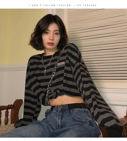 Voguable Cropped Y2K Striped Sweatshirts Harajuku Gothic Tops Vintage Streetwear Casual Bf Oversize Long Sleeve Pullover