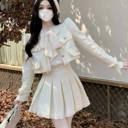 Autumn New French Vintage Tweed Two-Piece Skirt Set Women Short Jacket Coat + Pleated Mini Skirt Suits Korean Luxury Outfits