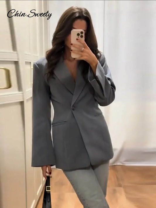 Elegant Metal Button Blazer Suit Women Slim V Neck Long Sleeve Fake Pocket Jacket  Autumn Shoulder Pads Office Lady Outwear