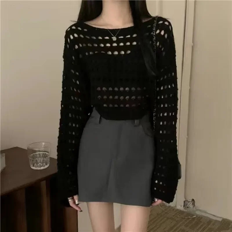 Vintage Hollow Out T-shirt Casual Knit Sweater Loose Y2K T-shirt Crewneck Thin Sweater Autumn Pullovers Fashion Streetwear