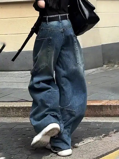 Fashionable High Street Straight Loose Jeans Simple Pocket Loose Wide-leg Jeans Harajuku Style Hip Hop Y2k Pants Baggy Pants