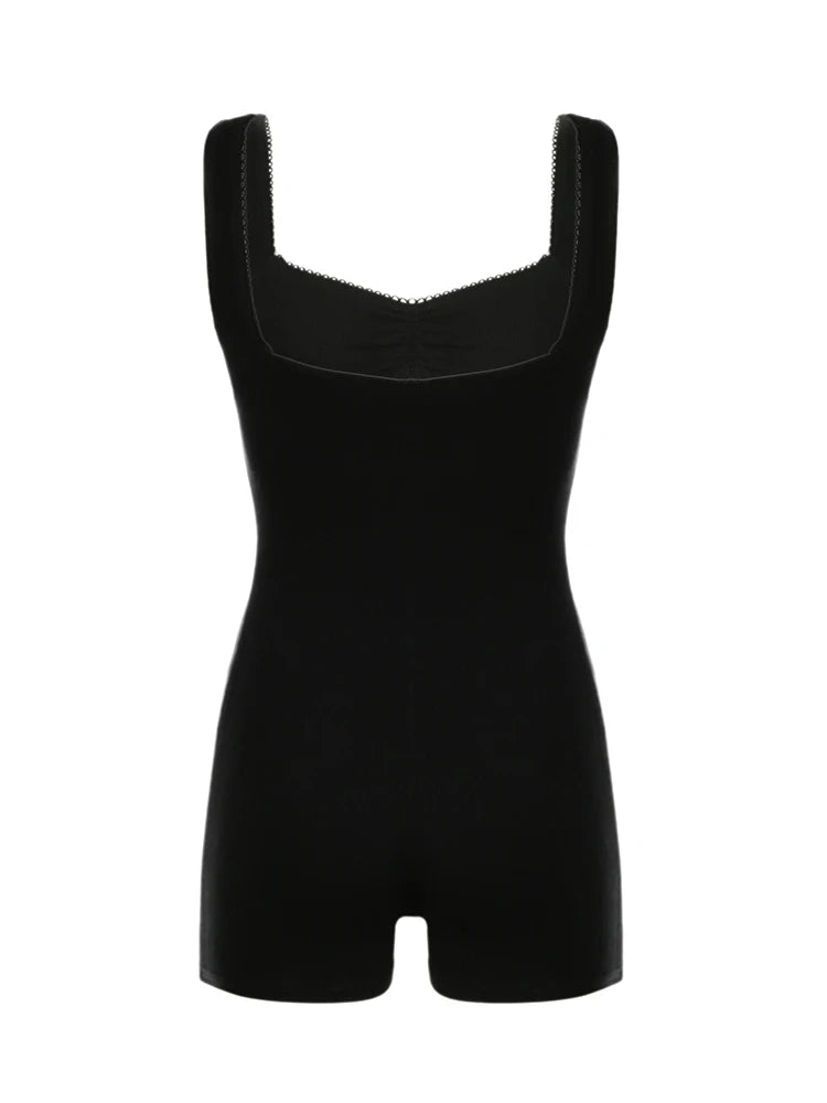 Sleeveless Shirring Square Collar Skinny Sexy Summer Playsuit Women Black Solid Simple Basic Casual Vacation Rompers