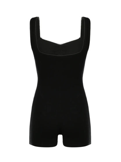 Sleeveless Shirring Square Collar Skinny Sexy Summer Playsuit Women Black Solid Simple Basic Casual Vacation Rompers