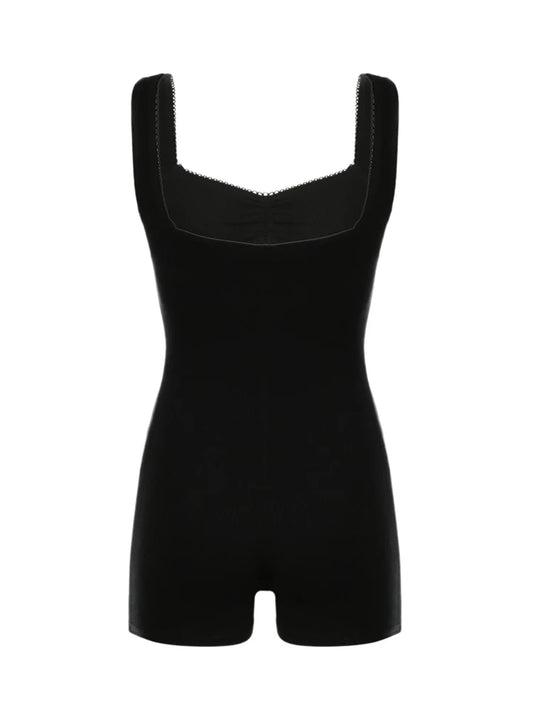 Sleeveless Shirring Square Collar Skinny Sexy Summer Playsuit Women Black Solid Simple Basic Casual Vacation Rompers
