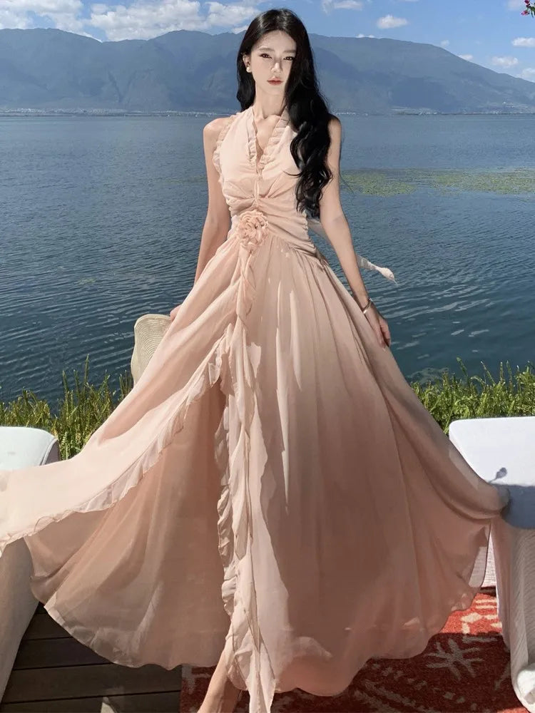 Summer New Ruffles A-line Long Dresses for Women Halter Backless Holiday Seaside Party Dress Korean Fashion One Piece Vestido