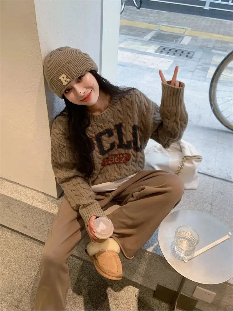 Korean trendy retro letter twist sweater for loose lazy style sweater long sleeves clothing y2k tops