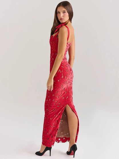 Bows Lace Sexy Maxi Dress For Women Fashion Sleeveless Backless Bodycon New Year’s Birthday Club Party Long Dress