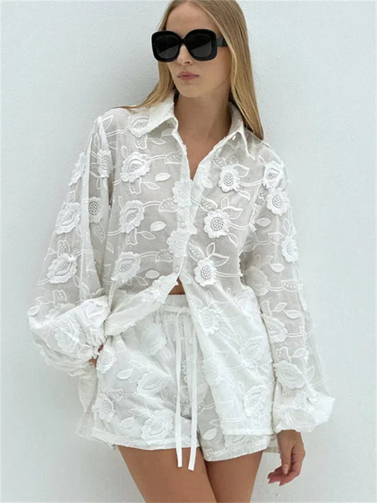 Printed See-Through Sexy Outfits Female Patchwork Cardigan Shirts And Lace-Up High Waist Shorts Sets Autumn 2 Piece-Set