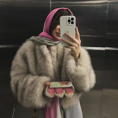 Chic Brand Icon Fashion Kendall Jenner Brown Gradient Faux Fur Jacket Women  Winter New Luxury Cropped Fox Fur Coat
