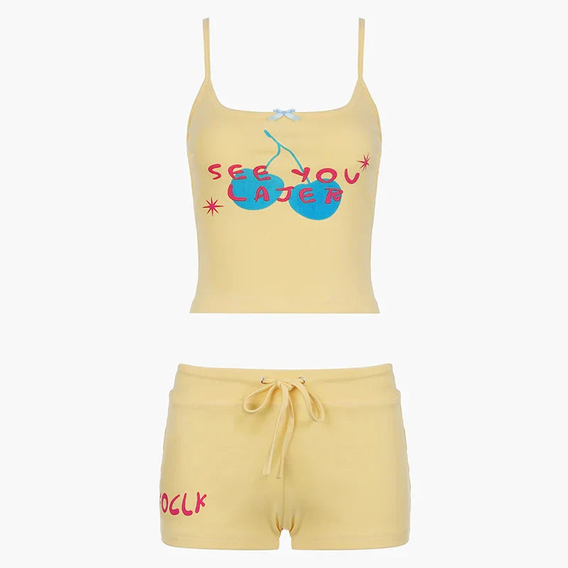 Voguable Y2K Cherry Letter Print Crop Top and Shorts Two Piece Set Casual Cami Pants Suit Holiday Fitness