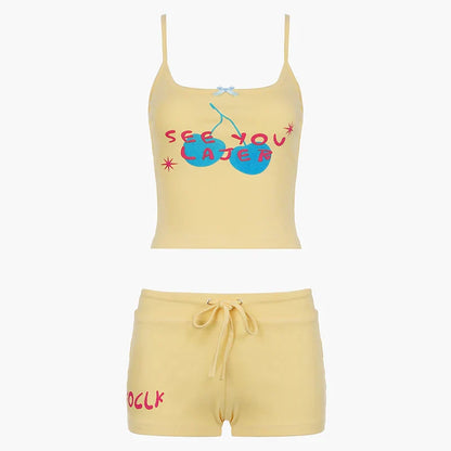 Voguable Y2K Cherry Letter Print Crop Top and Shorts Two Piece Set Casual Cami Pants Suit Holiday Fitness