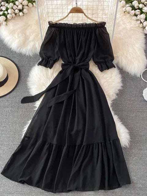 Beach Dress Women Sexy Off The Shoulder Slash Beach Chiffon Dresses Ladies Elegant A Line Bandage Party Dress Long Robe