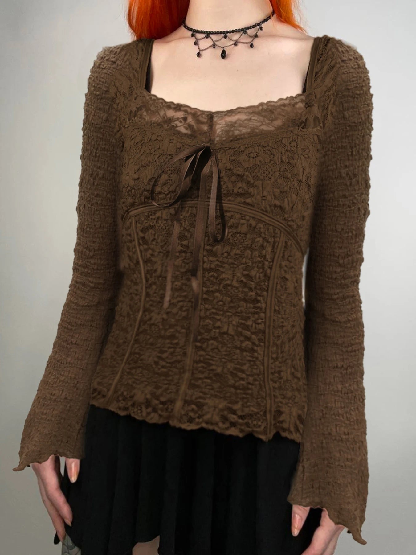 Hotsweet Lace Trim V-Neck Brown Long Sleeve Blouses Bow Lace Up Flared Sleeve Slim Chic Y2k Autumn New T-Shirt