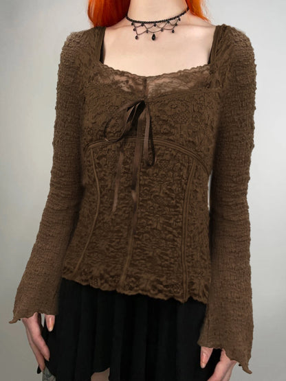 Hotsweet Lace Trim V-Neck Brown Long Sleeve Blouses Bow Lace Up Flared Sleeve Slim Chic Y2k Autumn New T-Shirt