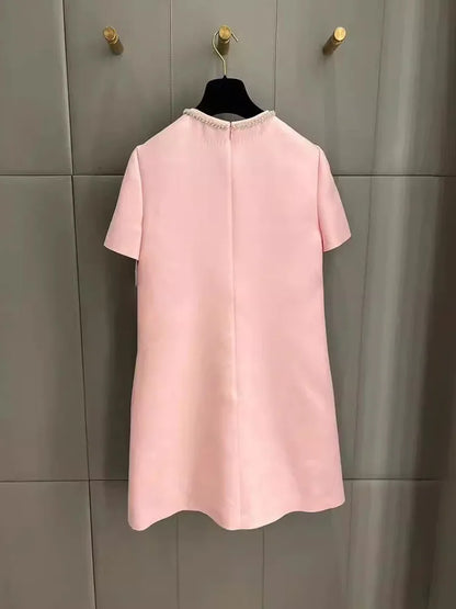 Fashion Short Dress Hotsweet Diamond Beading Bow Solid Color O Neck Elegant A-line Dresses Women 2025 Spring Summer 23A9653