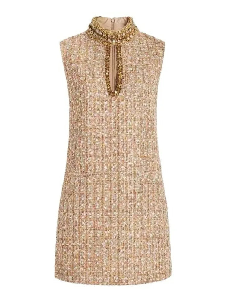 Elegant Tweed Beaded Stand Vest Dress Fashion Gold Hollowed Out Sleeveless Short Dresses Women 2025 New Spring Summer A8299
