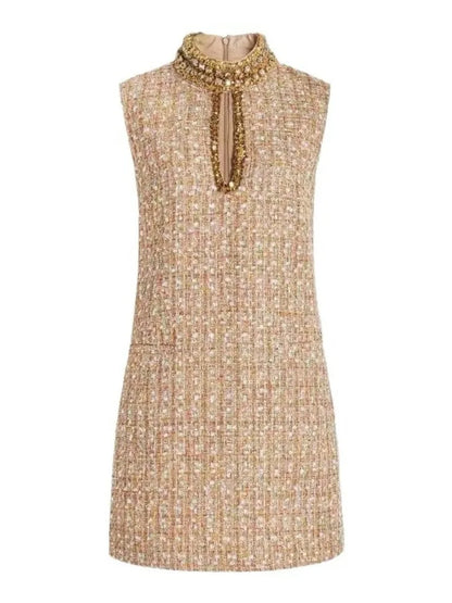 Elegant Tweed Beaded Stand Vest Dress Fashion Gold Hollowed Out Sleeveless Short Dresses Women 2025 New Spring Summer A8299