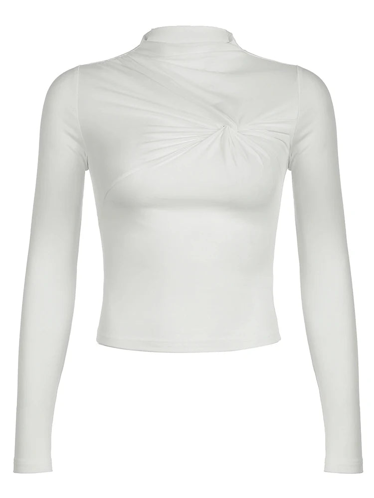 Asymmetrical Twist Half High Collar Elegant White T Shirt Women Solid Slim Long Sleeve Simple Basic Spring Autumn Tees