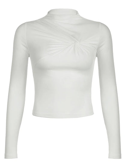 Asymmetrical Twist Half High Collar Elegant White T Shirt Women Solid Slim Long Sleeve Simple Basic Spring Autumn Tees