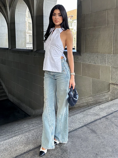 POLO Lapel Buttons Shirt Vest Backless Lacing Women's Clothing Halter Solid Tops For Female Versatile 2024 Summer Clothes