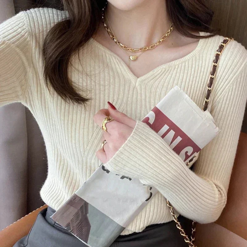 Women Slim V-Neck Bottoming Sweater Autumn Winter For Women Casual Pullovers Long Sleeve Knit Warm Office Sweater