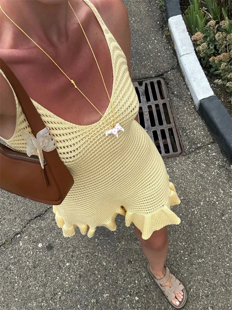 Knit Ruffle Hollow See-Through Mini Dress