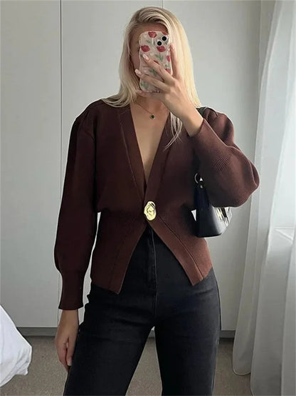 Knitwear V-Neck Cardigan Coat For Women Long Sleeve Fashion Autumn  Elegant Cropped Outwear Knit Women&#8217;s Cardigan Top