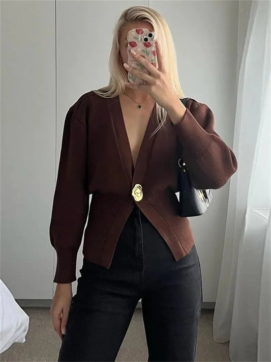 Knitwear V-Neck Cardigan Coat For Women Long Sleeve Fashion Autumn  Elegant Cropped Outwear Knit Women&#8217;s Cardigan Top
