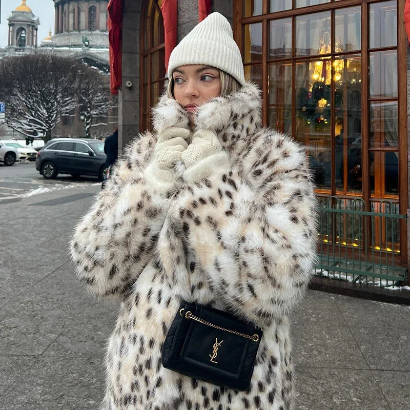 Luxury Maxi Long Leopard Belted Faux Fur Coat Women Winter  Brand Fashion Mob Wife Vibe Fox Fur Jacket Overcoat