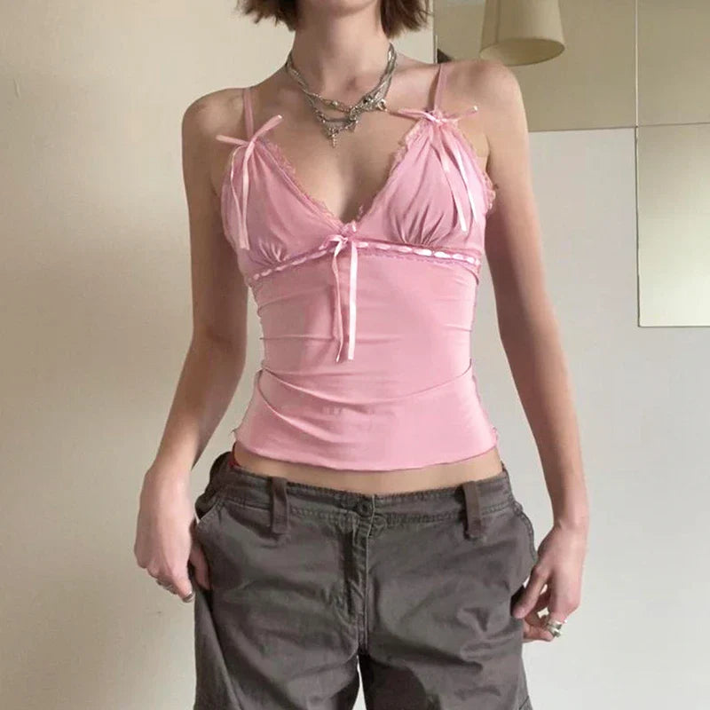 Voguable  Y2K Ribbons Bow Lace Patchwork Crop Top Pink Coquette Aesthetic Slim-fit V-neck Camis Ruched Kawaii Lolita Corset Women