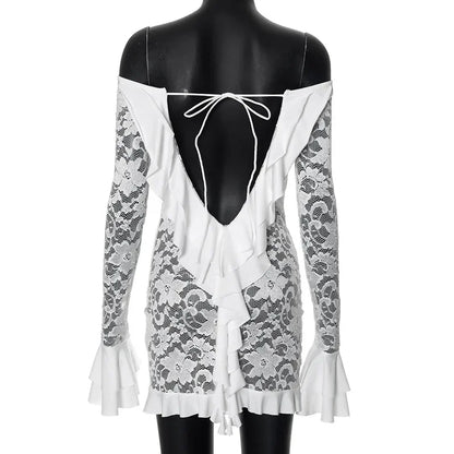 Long Sleeve Streetwear White Lace Dress For Women Slash Neck Outfits See Through Fashions Vestidos Elegantes Para Mujer Ruffles