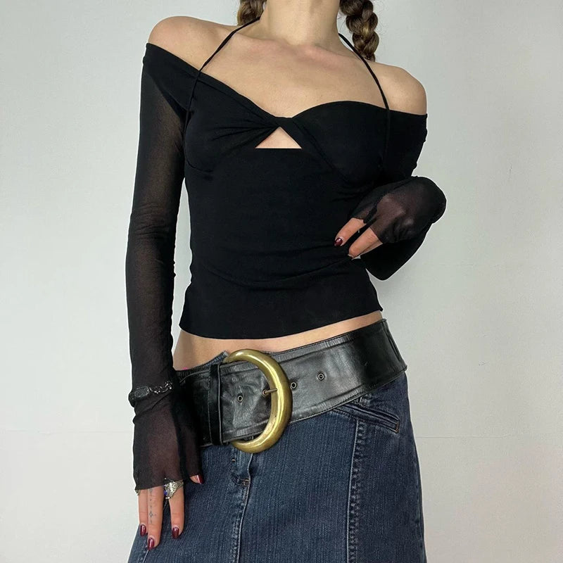 Stylish Cut Out Front Black Sexy Top for Women Mesh Long Sleeve V-neck Halter T-shirt Autumn Vintage Fitted Tees