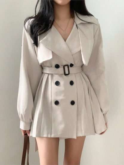 Autumn Korean Chic Elegant Trench Coat Pleated Dresses for Women Belt Turn-down Collar Double Breasted Solid Female Vestidos New