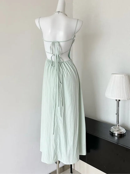 Summer New Spaghetti Strap Backless Midi Dresses for Women Lace-up Sleeveless Beach Style Korean Fashion One Piece Vestido Mujer