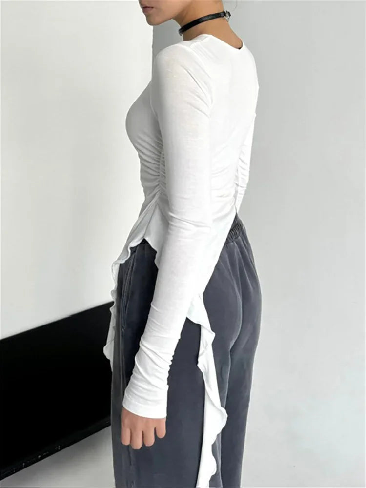 White Knit Slim T-shirt Pullover Female Ruffled Patchwork See-Through Long Sleeve Y2k Sexy Inner Top Women’s Knitwear Tee