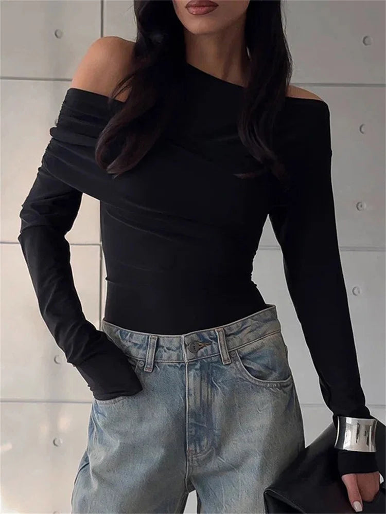 Black Off-Shoulder Long Sleeve T-shirt For Women High Waist Autumn  Slim Fashion Pullover Top Ladies Solid Y2k Tee Top