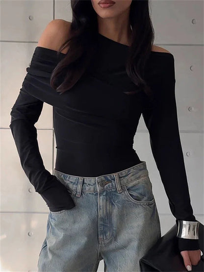 Black Off-Shoulder Long Sleeve T-shirt For Women High Waist Autumn  Slim Fashion Pullover Top Ladies Solid Y2k Tee Top