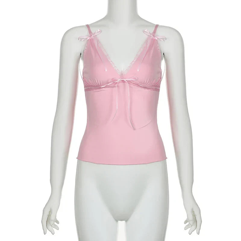 Voguable  Y2K Ribbons Bow Lace Patchwork Crop Top Pink Coquette Aesthetic Slim-fit V-neck Camis Ruched Kawaii Lolita Corset Women