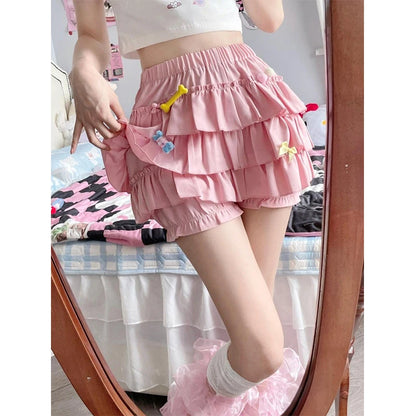 Y2K Sweet Ruffles Mini Skirt Women Kawaii Lolita Bow A Line Skirts Harajuku Japanese High Waist Pink White Ball Gown Skirt